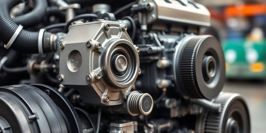 Nahaufnahme eines Dieselmotors mit sichtbaren Komponenten.
