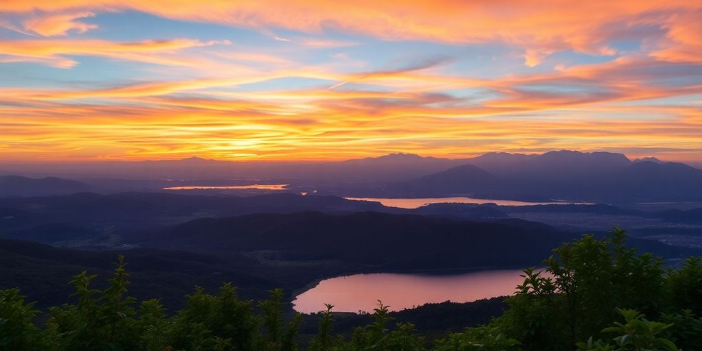 Beeindruckende Landschaft mit Sonnenuntergang und See.