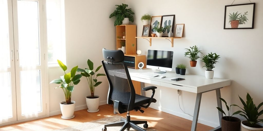Ordentliches Home-Office mit Schreibtisch und Pflanzen.