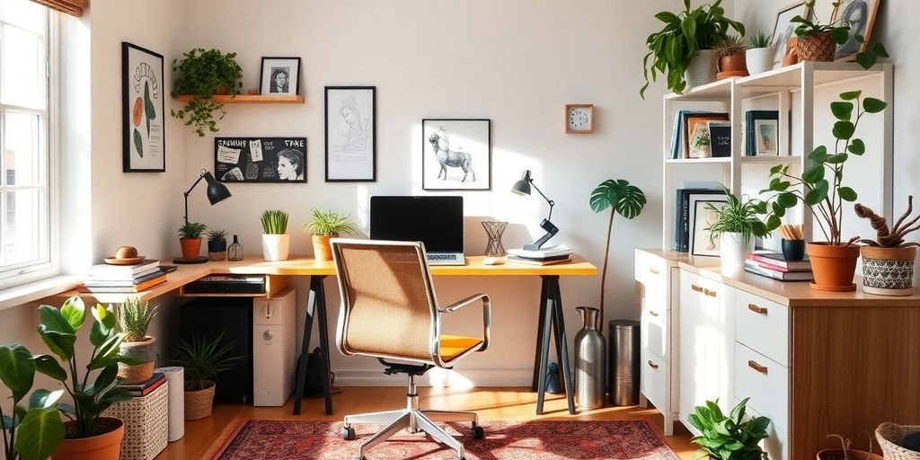 Helles und einladendes Home-Office mit Pflanzen.