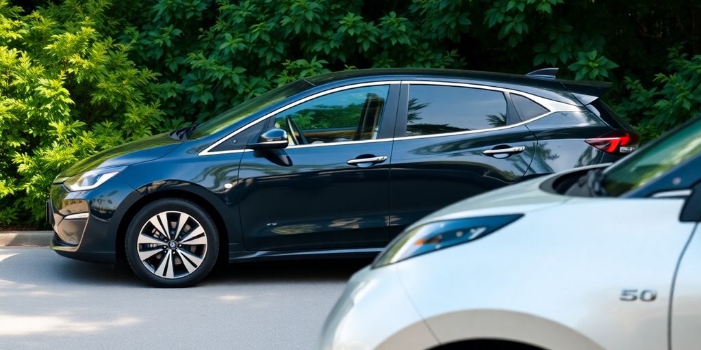 Elektroauto neben Verbrenner in grüner Umgebung.