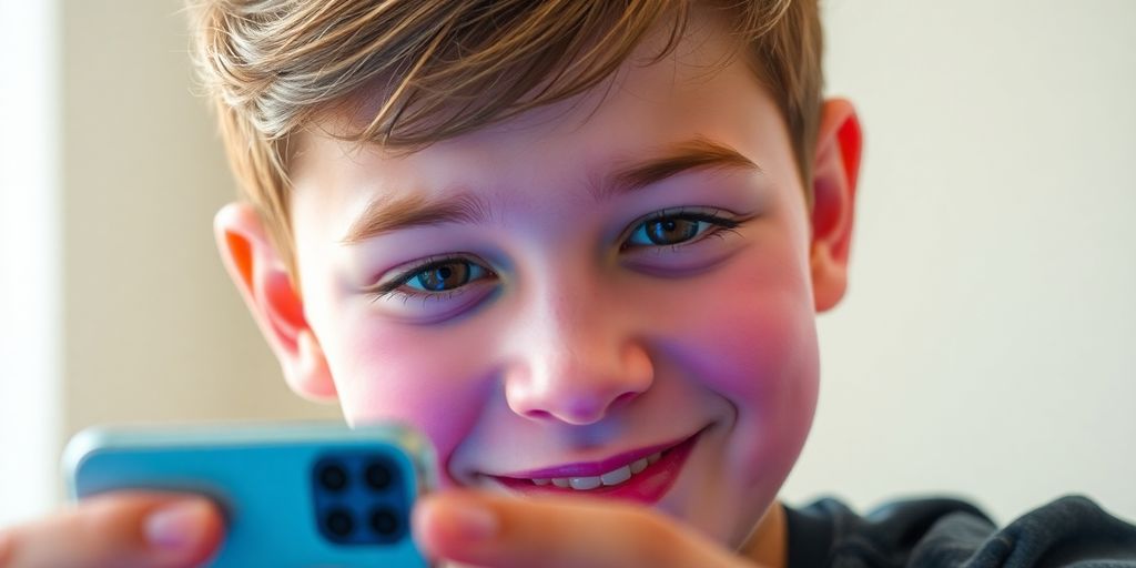Junge Person mit Gesichtsfilter auf Smartphone.