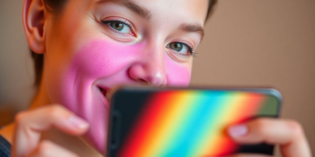 Person mit Gesichtsfilter auf dem Smartphone.