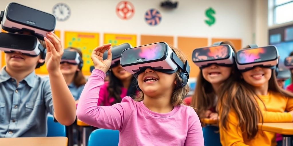 Schüler mit VR-Headsets im Klassenzimmer.