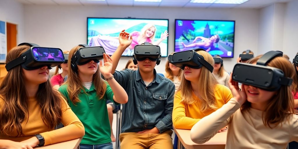 Schüler mit VR-Headsets im modernen Klassenzimmer.