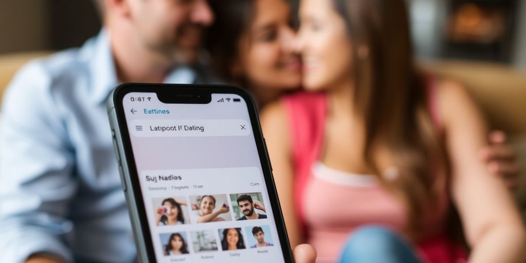 Smartphone mit Dating-App, verschwommene Paare im Hintergrund.