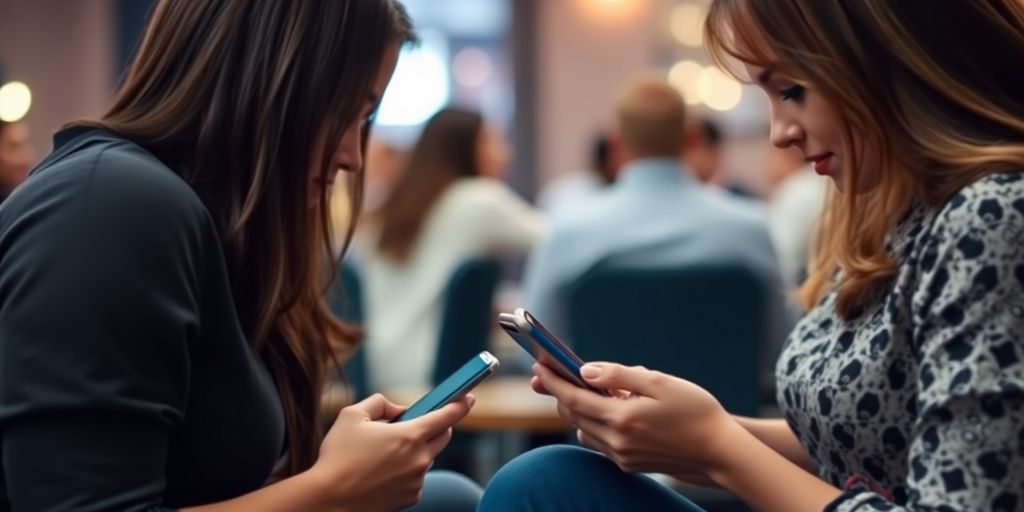 Zwei Personen, die in ihre Smartphones vertieft sind.