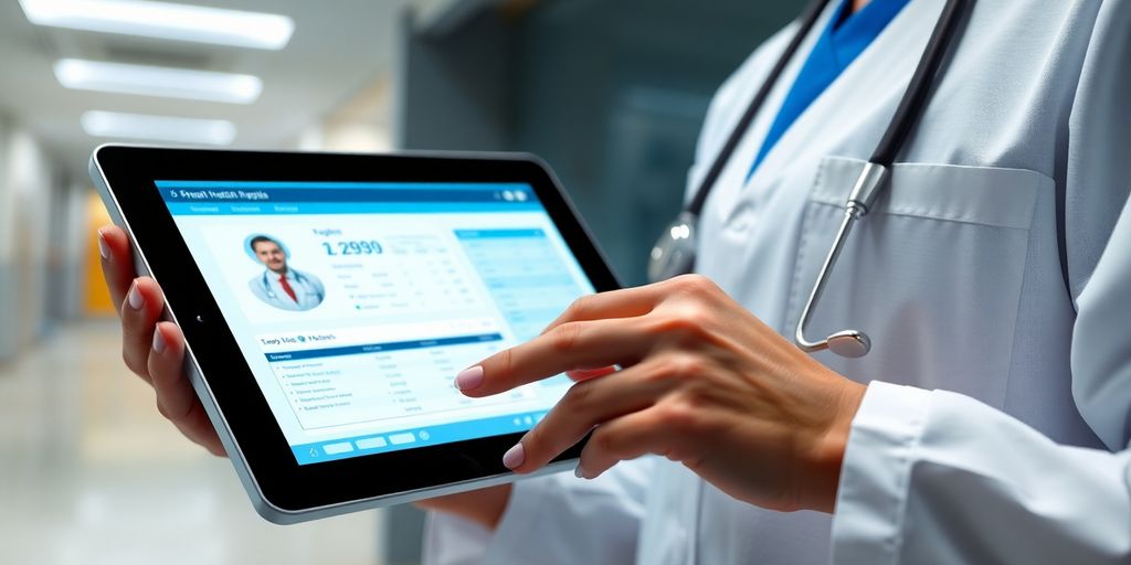 Gesundheitsfachkraft mit Tablet in modernem Krankenhaus.