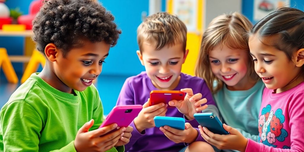 Kinder mit Smartphones in einer spielerischen Umgebung.