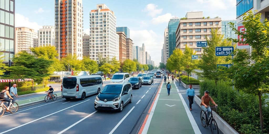 Moderne Stadt mit Elektrofahrzeugen und Radwegen.