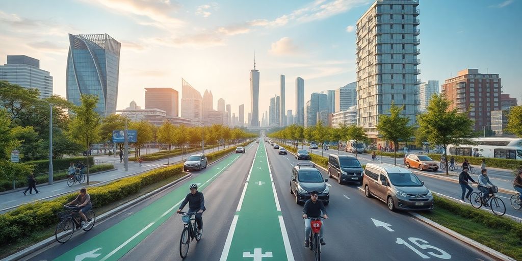 Moderne Stadt mit Elektrofahrzeugen und Fahrradwegen.