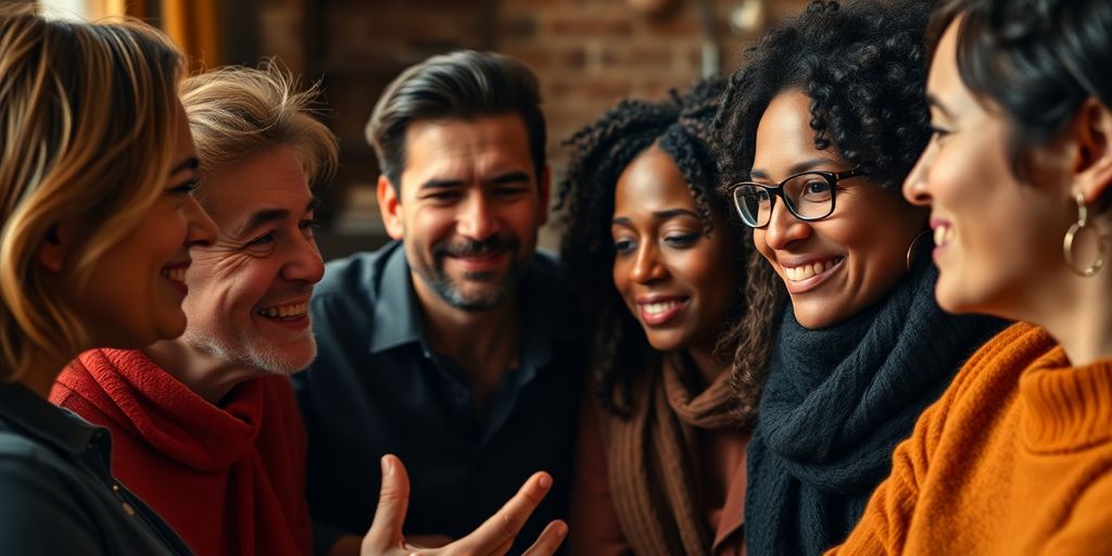 Gruppengespräch mit empathischen Gesichtsausdrücken.