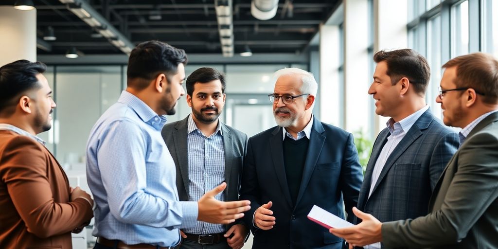 Verschiedene Männer im Büro, die zusammenarbeiten.
