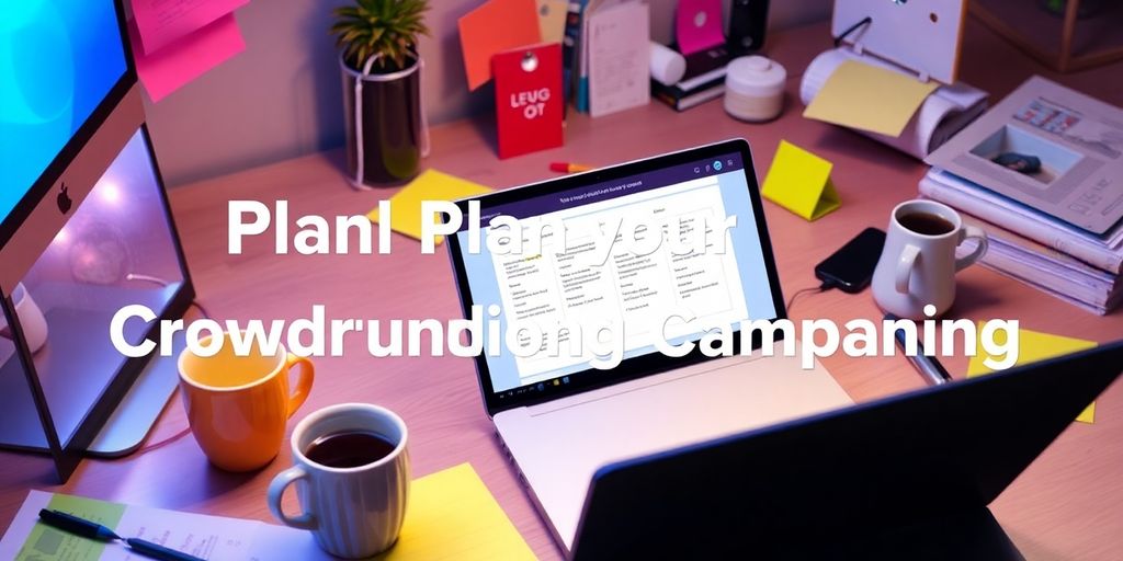 Ein kreativer Arbeitsplatz mit Laptop und Notizen.