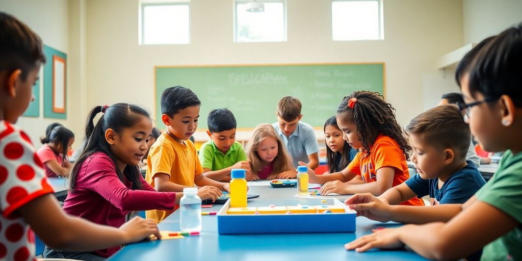 Bunte Klassenzimmerszene mit engagierten Schülern.