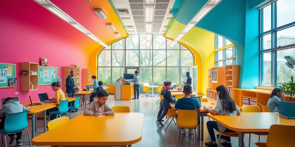 Futuristischer Klassenraum mit modernen Lernbereichen.