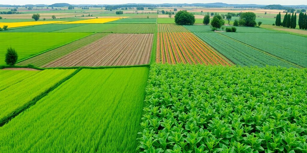 Feld mit Bio- und konventionellen Pflanzen.