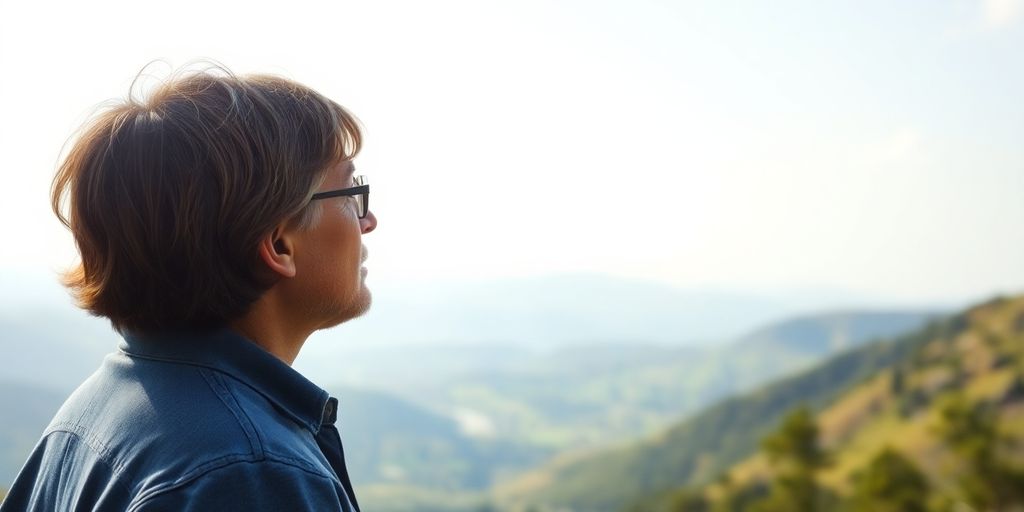 Nachdenklicher Mensch in einer ruhigen Landschaft.
