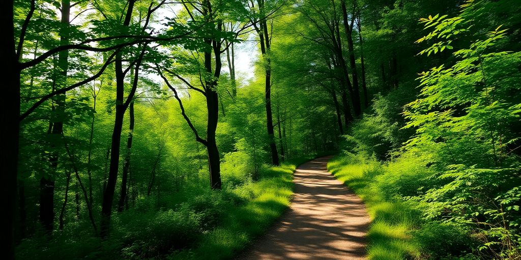 Ein ruhiger Waldweg mit Sonnenlicht durch die Blätter.