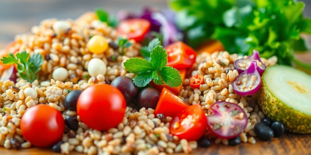 Bunte vegane Mahlzeit mit frischem Gemüse und Hülsenfrüchten.