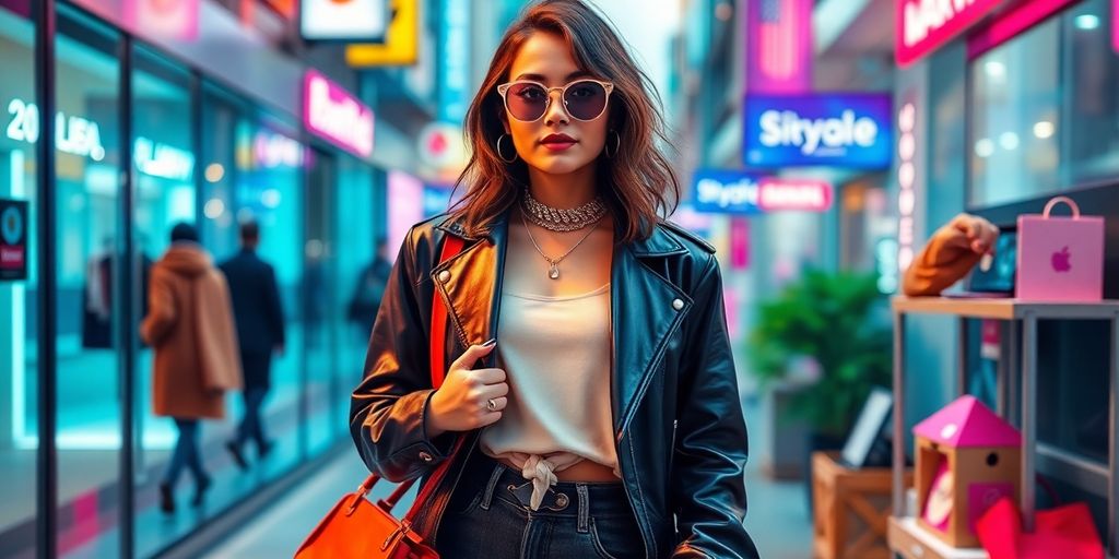 Influencer in urban setting mit modischen Accessoires.