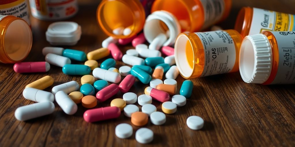 Verschiedene Pillenflaschen und verstreute Tabletten.