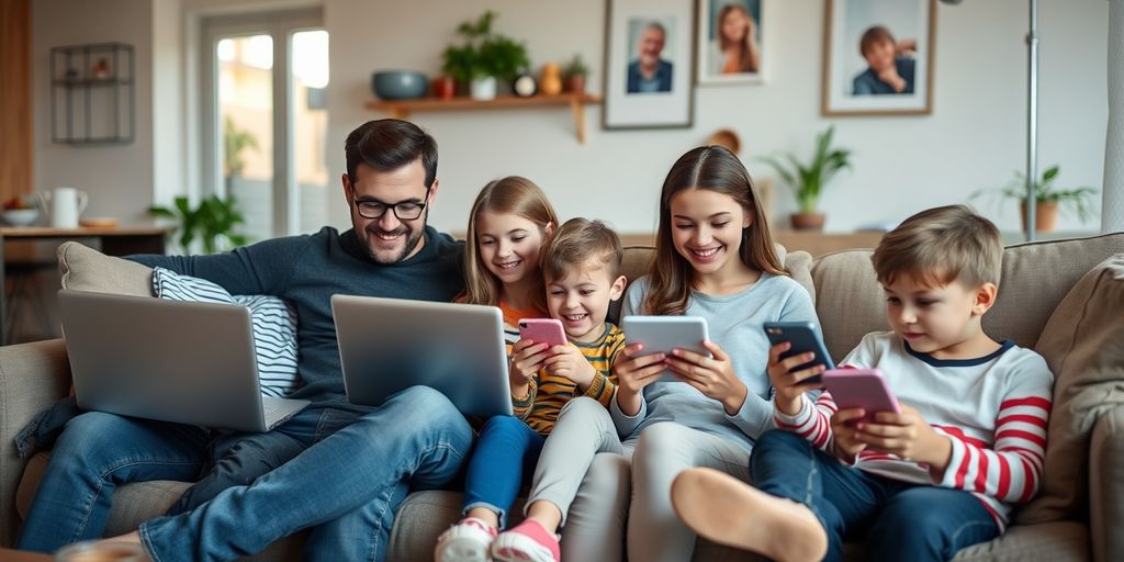 Familie im Wohnzimmer mit Laptops und Tablets