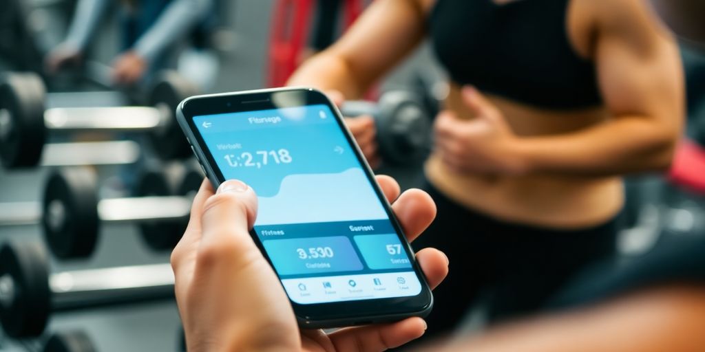 Person mit Fitness-App auf Smartphone im Fitnessstudio.