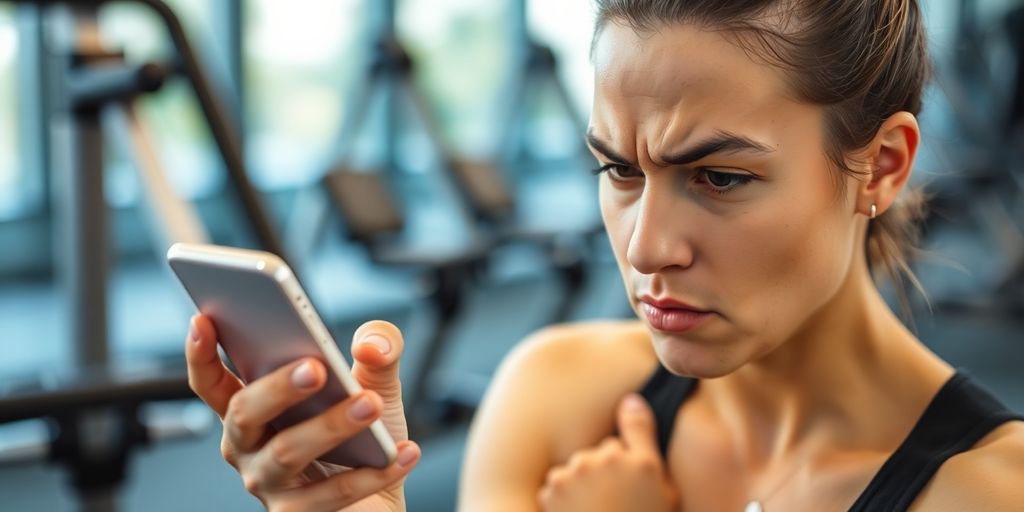 Person mit Smartphone und Fitness-App im Fitnessstudio.