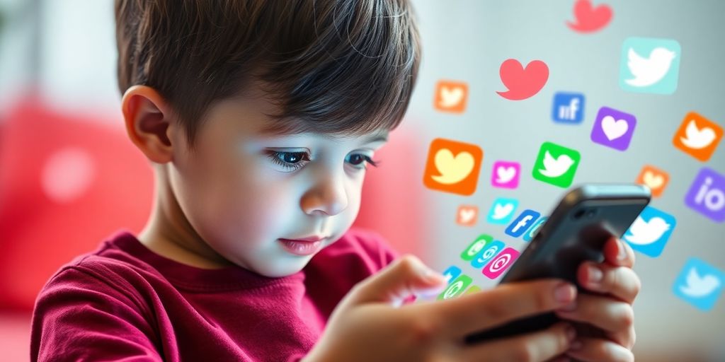 Kind mit Smartphone und sozialen Medien Icons.
