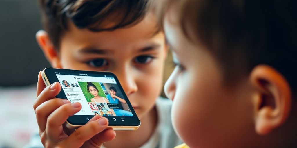 Kind schaut auf Smartphone mit Influencer-Profil.