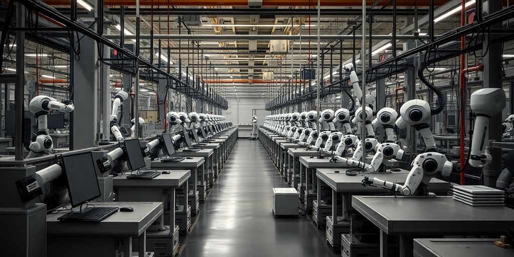 Leere Arbeitsplätze und Roboter in einer Fabrik.