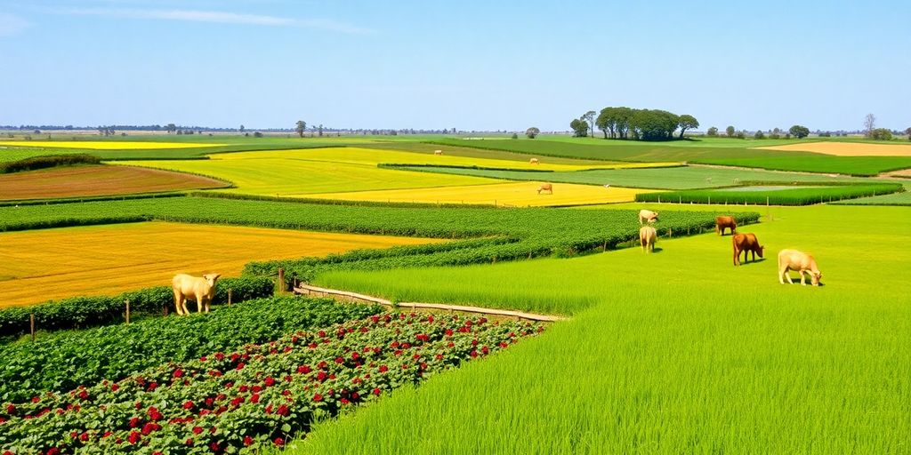 Agrarlandschaft mit Feldern und Weidetieren.