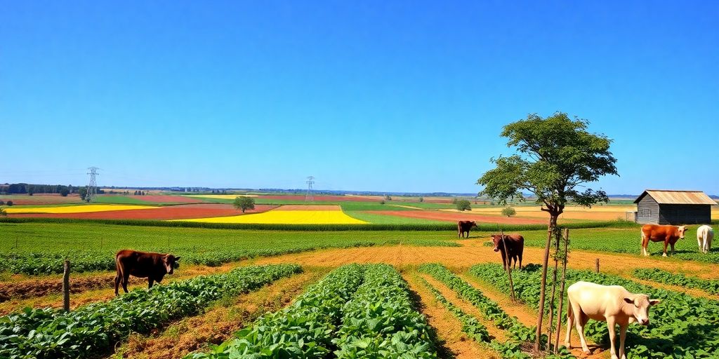Vielfältige Landwirtschaft mit Feldern und Tieren.
