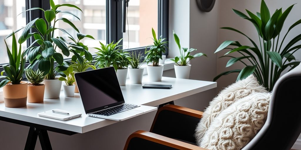 Moderne Homeoffice-Einrichtung mit Laptop und Pflanzen.
