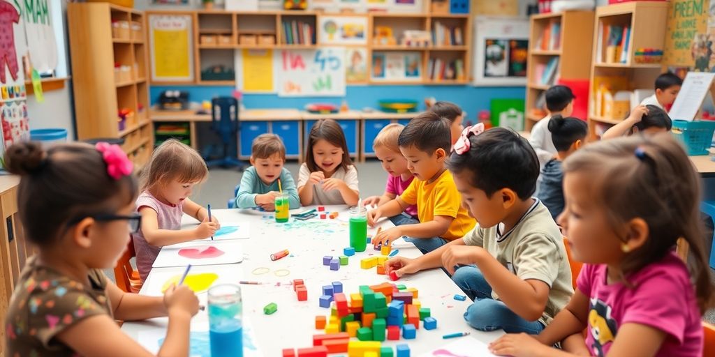Bunte Kinder im Klassenzimmer, die kreativ arbeiten.