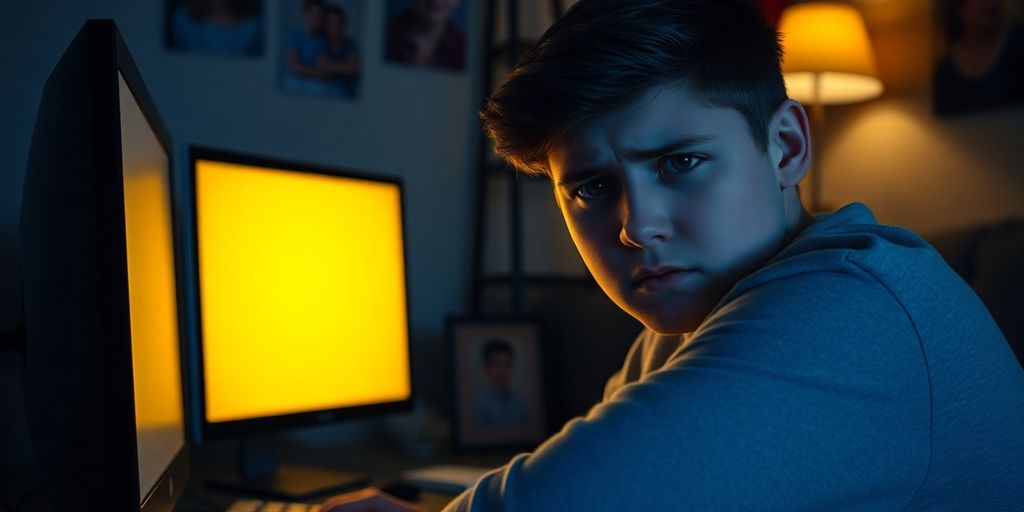 Besorgter Jugendlicher am Computer, schwaches Licht im Raum.