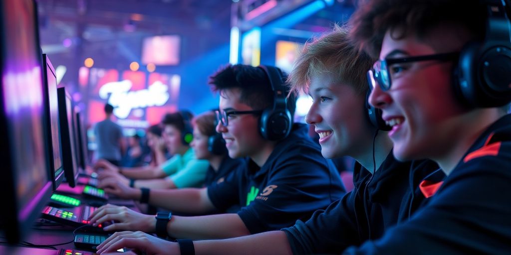 Jugendliche beim E-Sport in einem lebhaften Umfeld.