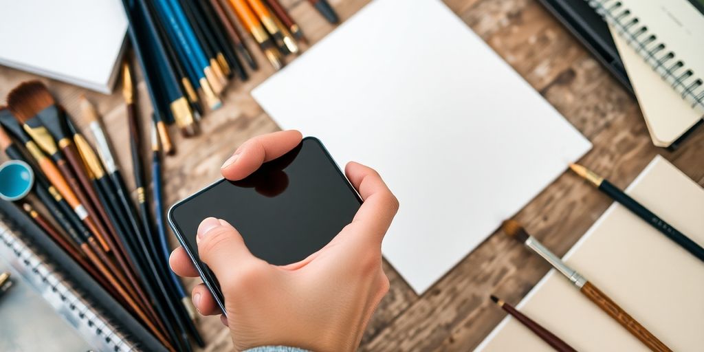 Person mit Smartphone und kreativen Werkzeugen.