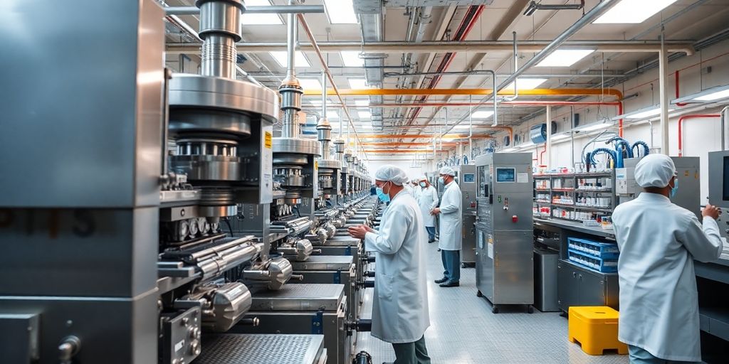 Pharmaindustrie mit Maschinen und Arbeitern in Laborkitteln.