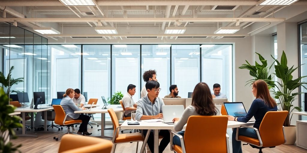 Moderne Büroumgebung mit vielfältigen Fachleuten bei der Zusammenarbeit.