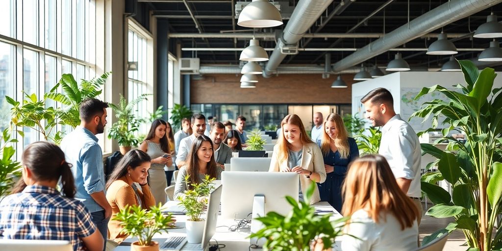 Moderne Arbeitsplätze mit vielfältigen Mitarbeitern in einem Büro.