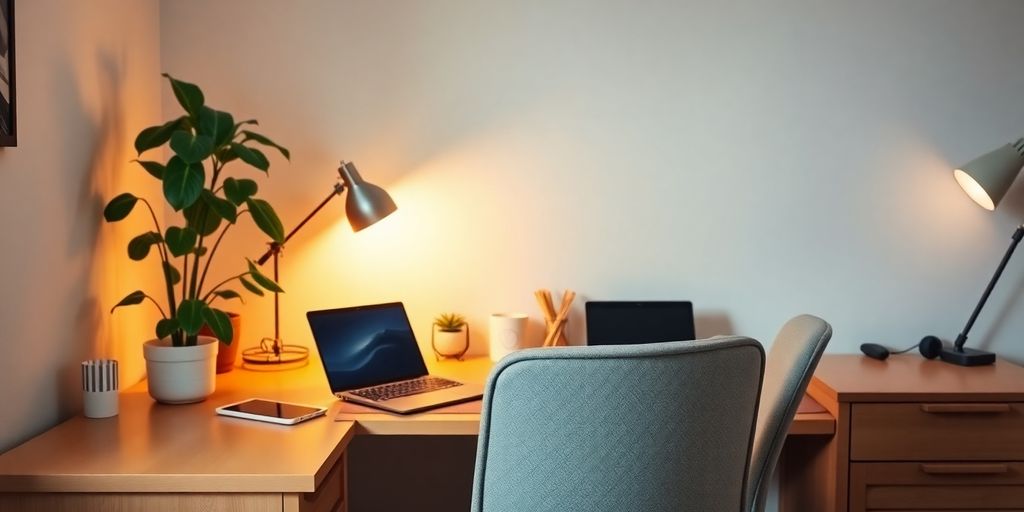 Gemütliches Homeoffice mit Laptop und Pflanzen.