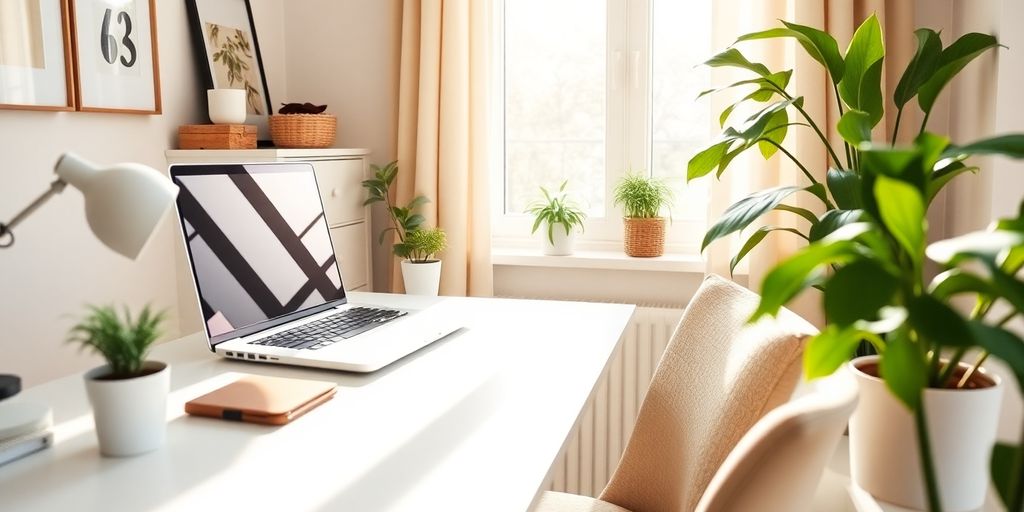 Gemütliches Homeoffice mit Laptop und Pflanzen.
