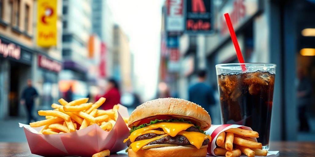 Fast-Food-Mahlzeit mit Burgern und Pommes.