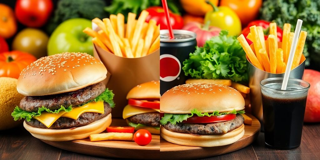 Fast-Food-Mahlzeit mit Burgern und Pommes.