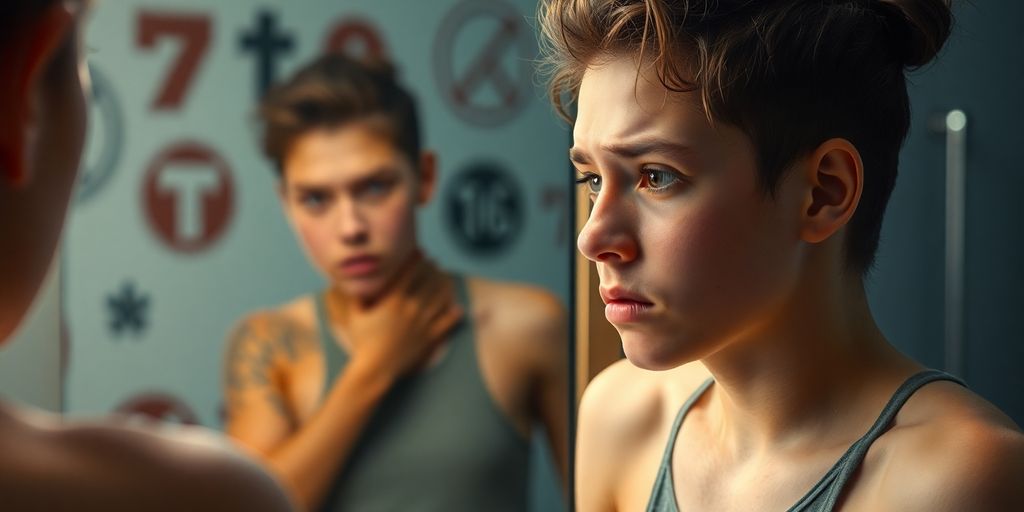 Junge Person betrachtet ihr Spiegelbild mit Zweifel.
