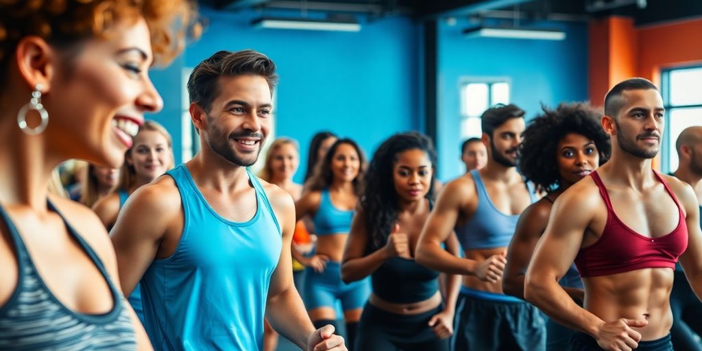 Verschiedene Menschen beim intensiven Training im Fitnessstudio.