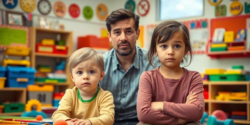 Besorgte Eltern mit überforderten Kindern im Kindergarten.