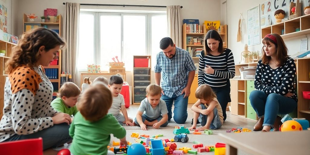 Überforderte Eltern im Kindergarten mit besorgten Gesichtern.